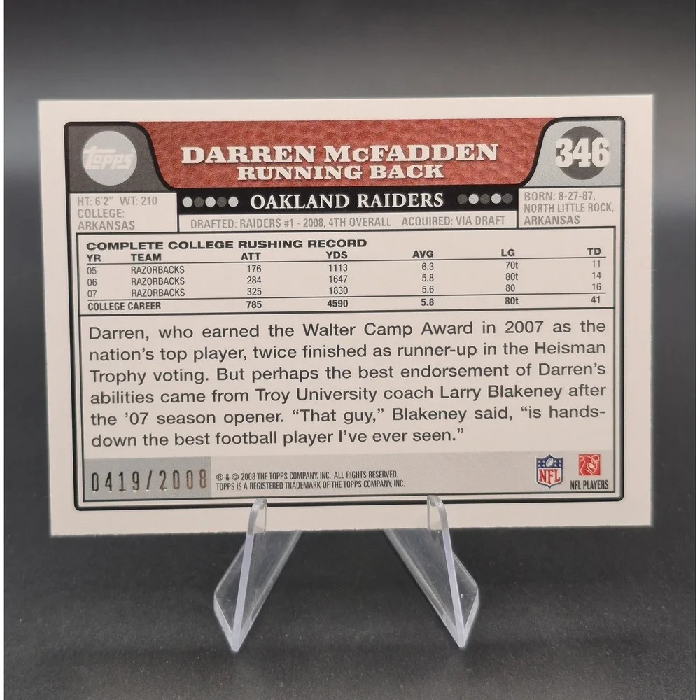 2008 Topps Darren McFadden #346 Rookie Gold Border /2008 (RC) Oakland Raiders